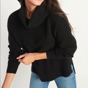 • Black Waffle Knit Cowl Neck Sweater •